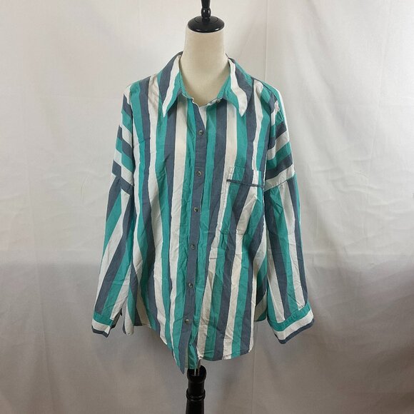 By Anthropologie Oversized Top L Dark Mint Blue White Stripe Button Front Pocket - Picture 1 of 11